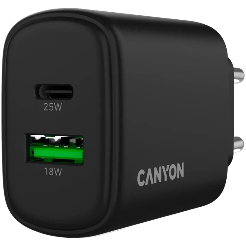 CANYON įkroviklis OnCharge 250 25W 1xPD 1xQC EU juodas