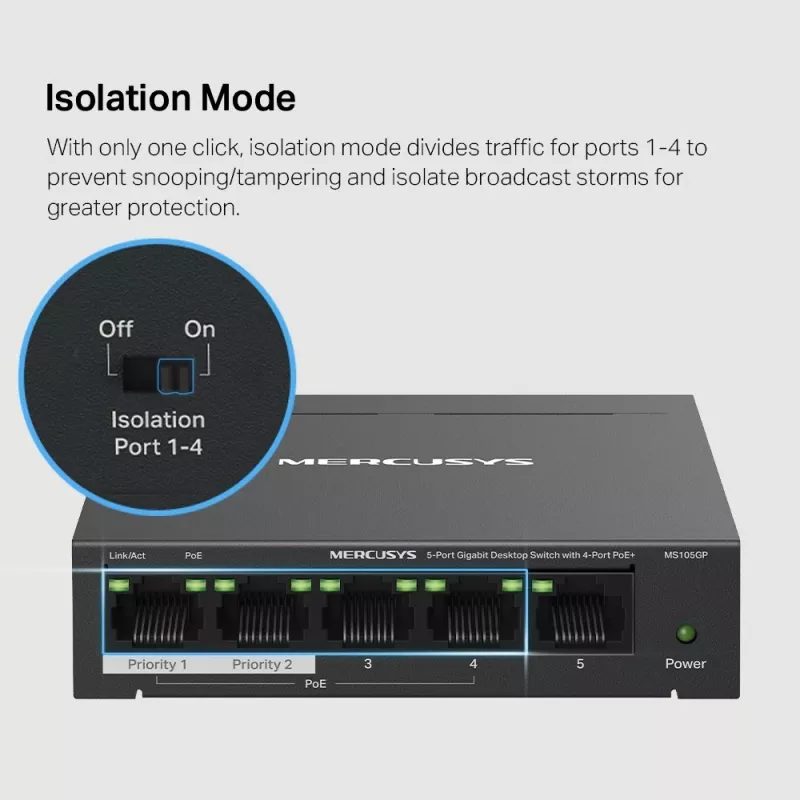 Mercusys 5 prievadų gigabitinio stalinio komutatoriaus su 4 PoE+ prievadais