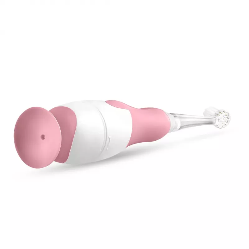 Elektrinis dantų šepetėlis vaikams neno Denti Pink — vibruojantis, minkšti šereliai, AAA baterija, 2 min. laikmatis
