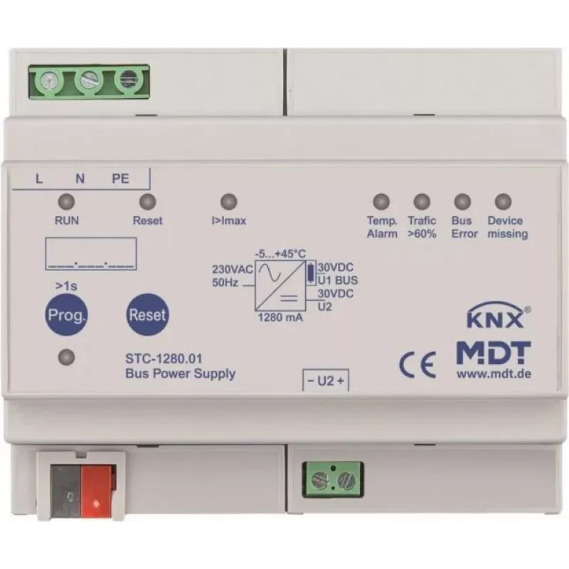 MDT STC-1280.01 magistralės įtampos šaltinis su diagnostika, 8TE, REG, 1280 mA (STC-1280.01)