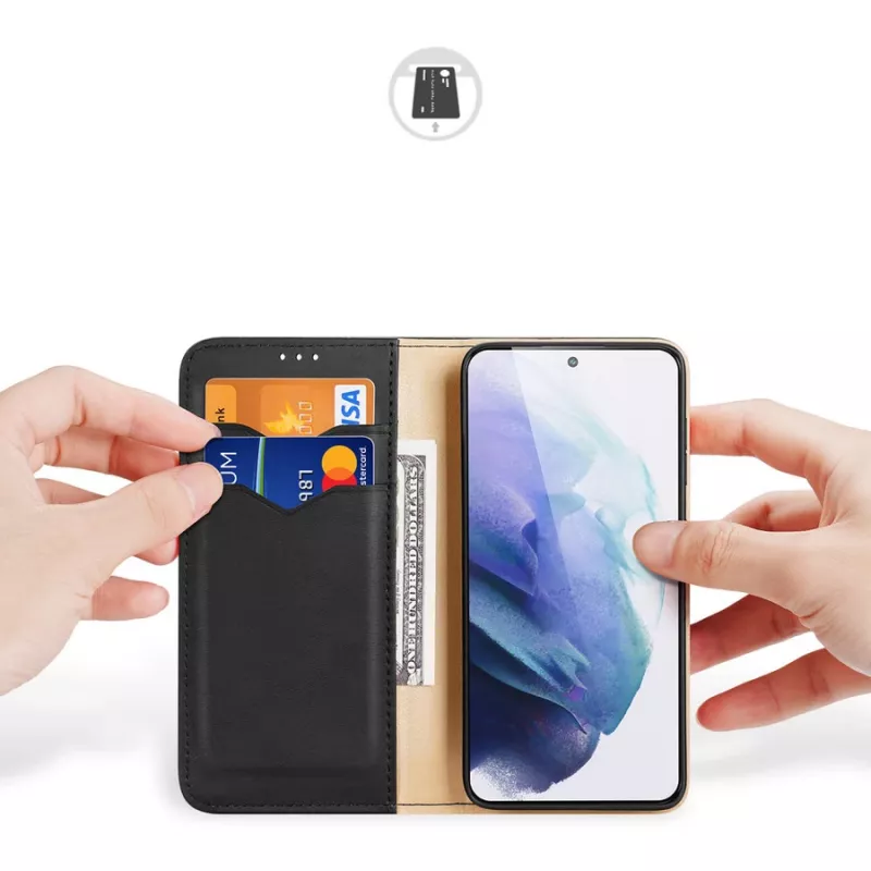 Dux Ducis Dux Ducis Hivo odinis dėklas su atvartu natūralios odos piniginė kortelėms ir dokumentams Samsung Galaxy S22+ (S22 Plus) juoda