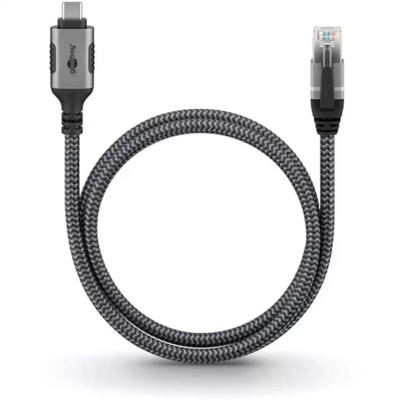 Ethernet laidas USB-C 3.2 Gen2 kištukas > RJ-45 kištukas, LAN adapteris juoda/sidabrinė, 2 metrai, pintas tekstilinis apvalkalas