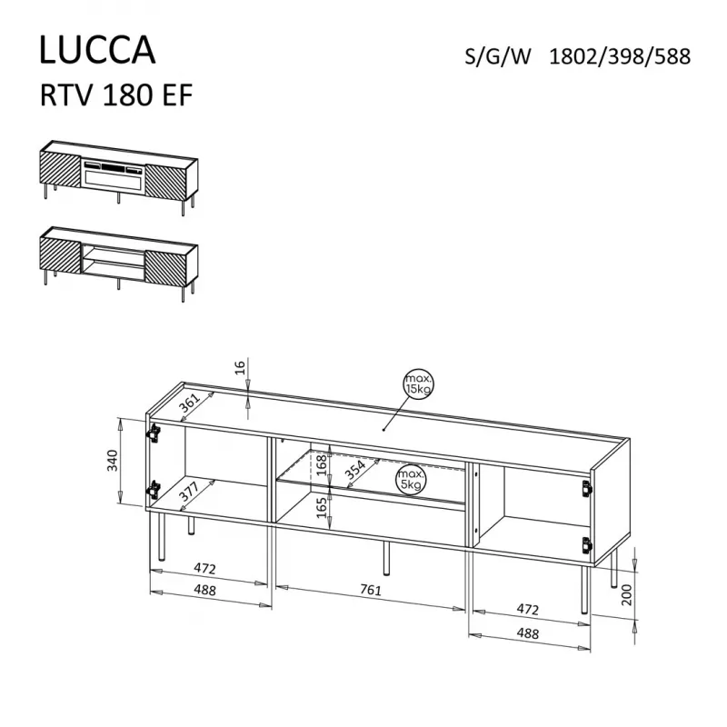 TV spintelė cama meble LUCCA 180x40x59 cm — baltas medžio drožlių plokštės viršus, baltas rėmas