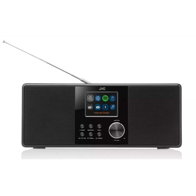 Internet radijas JVC RA-E981B — Wi‑Fi ir Bluetooth transliacija, DAB+, FM, 2×5W, 40 išankstinių nuostatų, USB, AUX, LCD ekranas