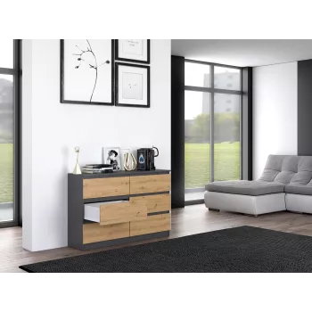 Komoda top e shop M6 120 — antracito/ąžuolo, 6 stalčiai, 1200×300×770 mm, medžio drožlių plokštė