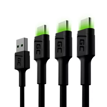 USB-C laidas Green Cell KABGCSET02 1,2 m (USB A į USB C, 2,4 A, 480 Mbps) 3 vnt. rinkinys su LED foniniu apšvietimu