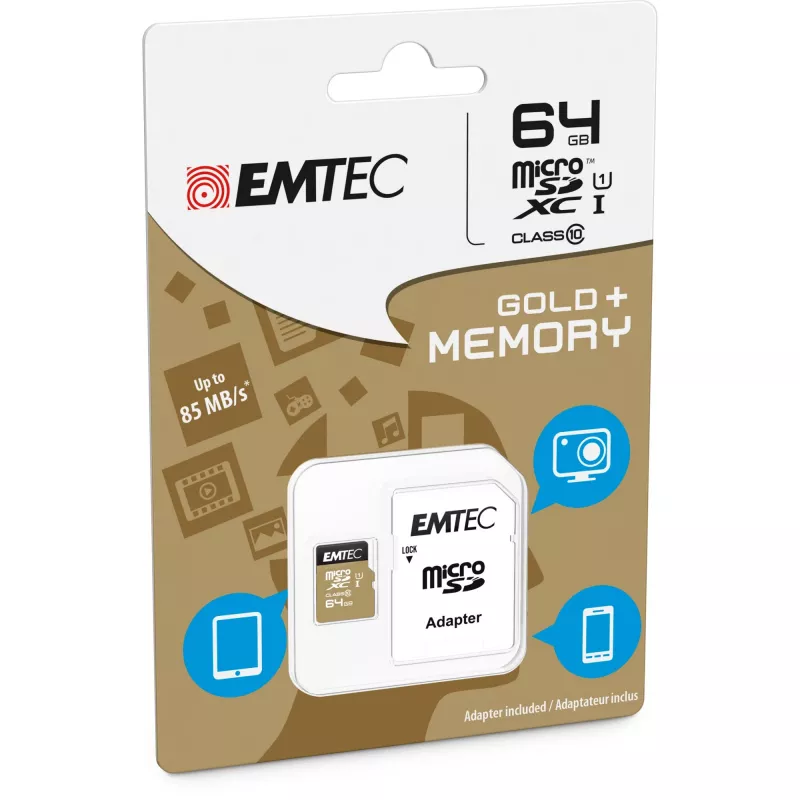 EMTEC Gold+ - „Flash“ atminties kortelė (su SD adapteriu) - 64GB - 10 klasė - microSD - Gold (ECMSDM64GXC10GP)