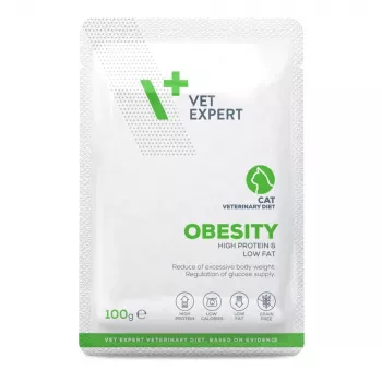 Šlapias kačių maistas VETEXPERT Obesity vištiena 100 g — veterinarinė dieta suaugusioms katėms, turinčioms antsvorio, vienos porcijos pakelis