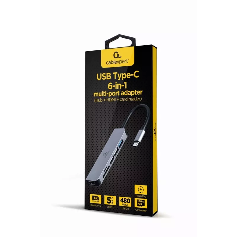 Dokų stotelė GEMBIRD A-CM-COMBO6-02 — laidinė USB 3.2 Gen 1 Type-C, HDMI, 1x USB-A, 2x USB 2.0, SD/MicroSD (≤128 GB), pilka