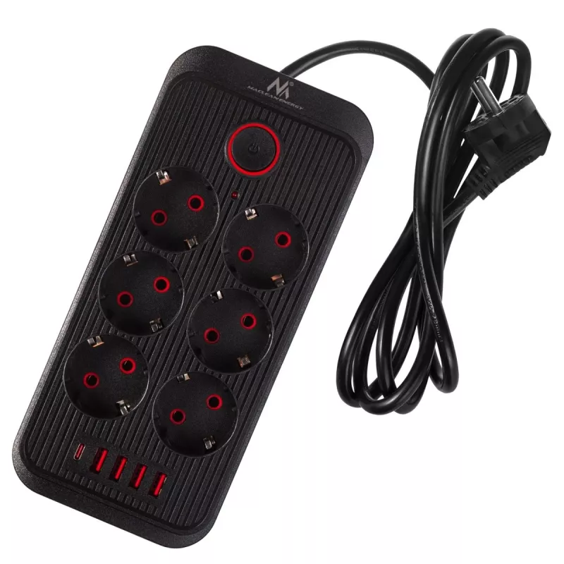 Maitinimo lizdų blokas MACLEAN MCE389 B — 6 lizdai, 4×USB-A + 1×USB-C, 110–240V, 2.1A, 2500W, 1.5 m laidas, juodas
