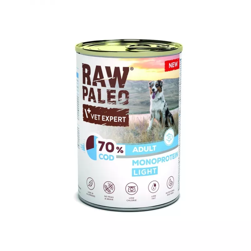 Šlapias šunų maistas VETEXPERT Raw Paleo Cod Light Adult, konservuotas 400 g, žuvies skonio, 11,3% baltymų, 1,7% riebalų