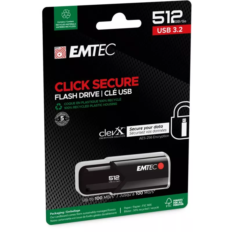 USB atmintinė Emtec B120 Click Secure 512 GB USB Type-A 3.2 Gen 2