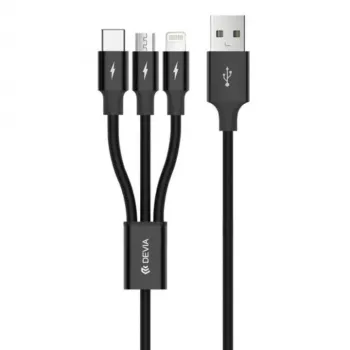 USB 3-in-1 įkrovimo/duomenų kabelis Devia Kintone Series — Lightning, Micro-USB, USB-C, 1,2 m, juodas