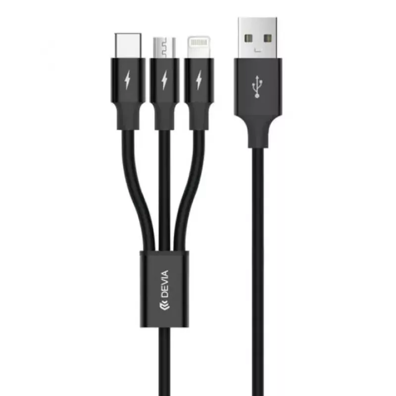 USB 3-in-1 įkrovimo/duomenų kabelis Devia Kintone Series — Lightning, Micro-USB, USB-C, 1,2 m, juodas