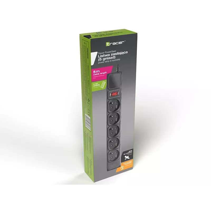Apsauginis lizdas TRACER PowerGear Tracer 47138 5 m Juodas maitinimo lizdų blokas su 5 m kabeliu