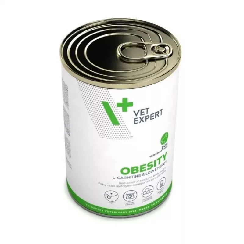 Šlapias šunų maistas VETEXPERT Veterinary Diet Obesity šunims 400 g skardinė — paukštiena, suaugusiems, mažai riebalų, daug drėgmės