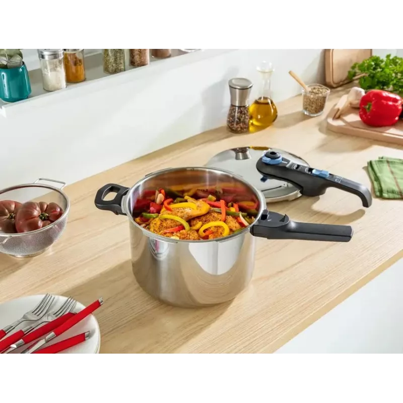 Greitpuodis Tefal SECURE TRENDY 6L su nerūdijančio plieno garinimo krepšeliu, tinkamas indukcijai