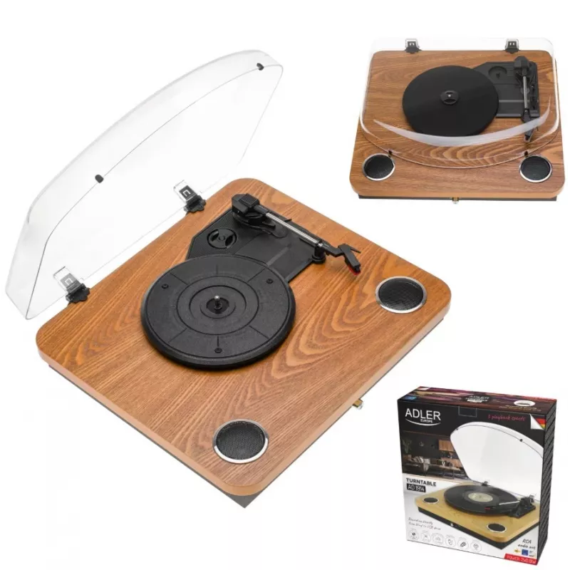 Analoginis diržinio paleidimo patefonas Adler AD 1914 su USB prievadu, keraminiu plokštelių padėklu, nuolatinės srovės varikliu, 33 1/3 aps./min., Bluetooth 5.4, RCA išėjimais, įmontuotais garsiakalbiais