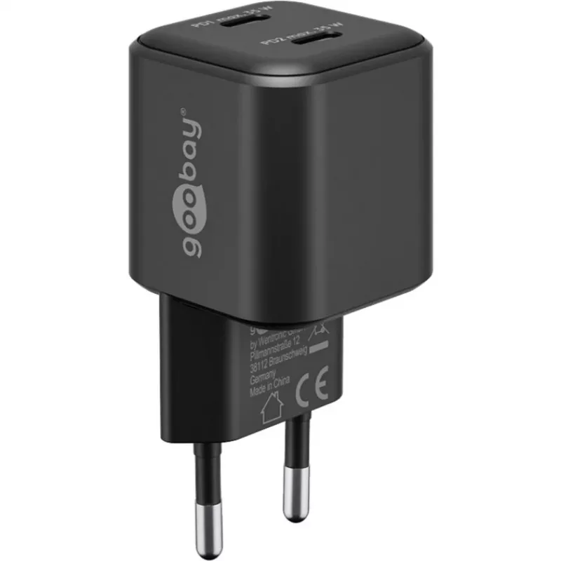 Sieninis įkroviklis GOOBAY 75333 — universalus vidaus AC USB-C įkroviklis, 2x USB-C, 35 W, juodas