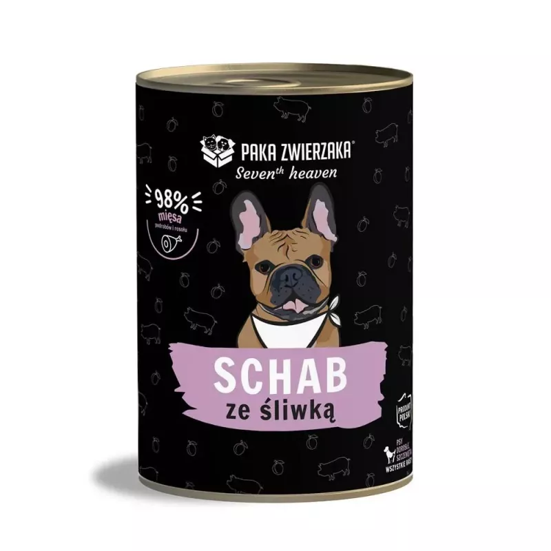 Šlapias šunų maistas PAKA ZWIERZAKA Seventh Heaven Kiauliena su slyva 400 g, skardinė, suaugusiems šunims, 83,1 % drėgmės