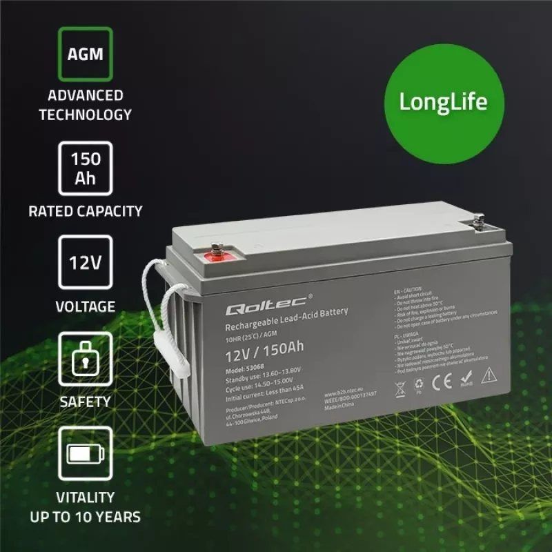 Qoltec 53068 AGM akumuliatorius | 12V | 150Ah | maks. 2250A