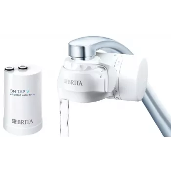 Vandens čiaupo filtras BRITA ON TAP V CU CE2 (1052067) — 4 pakopų, 600 L talpa, 3 režimai, 5 adapteriai, baltas
