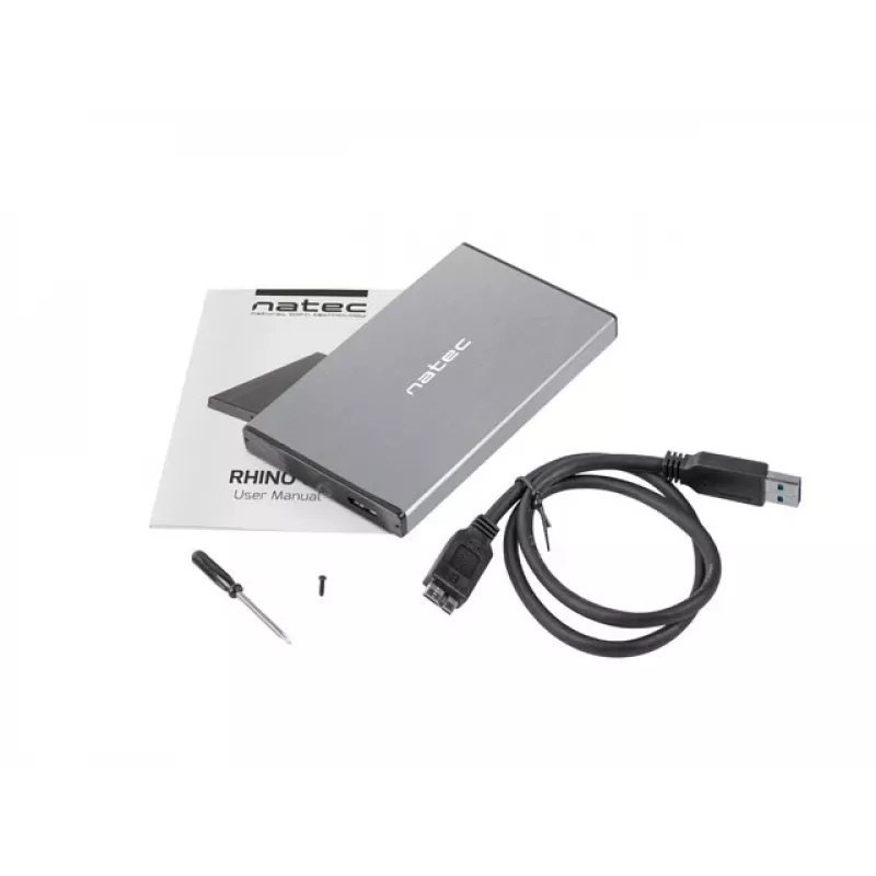 Išorinio HDD/SSD korpusas NATEC Rhino GO — 2,5 colio SATA, 9,5 mm, USB 3.0, aliuminis, pilkas, iki 4 TB