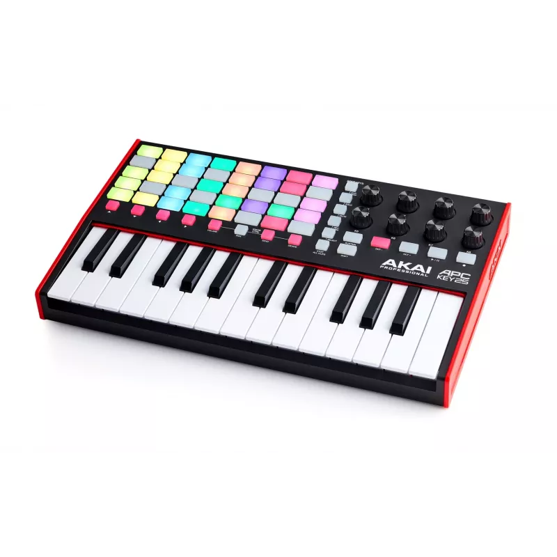 MIDI valdiklis AKAI APC Key 25 MK2 — 25 greičiui jautrūs klavišai, 40 pagalvėlių, RGB apšvietimas, 8 enkoderiniai valdikliai, maitinamas USB