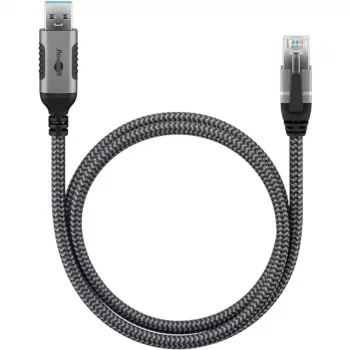 Ethernet laidas USB-A 3.2 Gen1 kištukas > RJ-45 kištukas, LAN adapteris juoda/sidabrinė, 1,5 metro, pintas medžiaginis apvalkalas