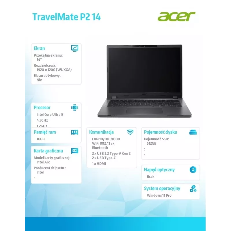 Nešiojamasis kompiuteris Acer TravelMate P2 TMP214-75-G3-TCO 14 colių WUXGA IPS, Intel Core i5-125H, 16GB RAM, 512GB SSD, pirštų atspaudų skaitytuvas, SmartCard, Windows 11 Pro, 3 metų garantija vietoje kitą darbo dieną