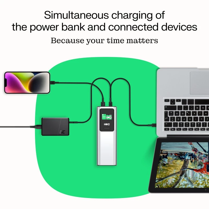 Nešiojama baterija Green Cell PBGC25UD, 25200 mAh, Li‑Ion, 140 W bendra galia, 2× USB‑C + 1× USB‑A, OLED ekranas, aliuminis korpusas