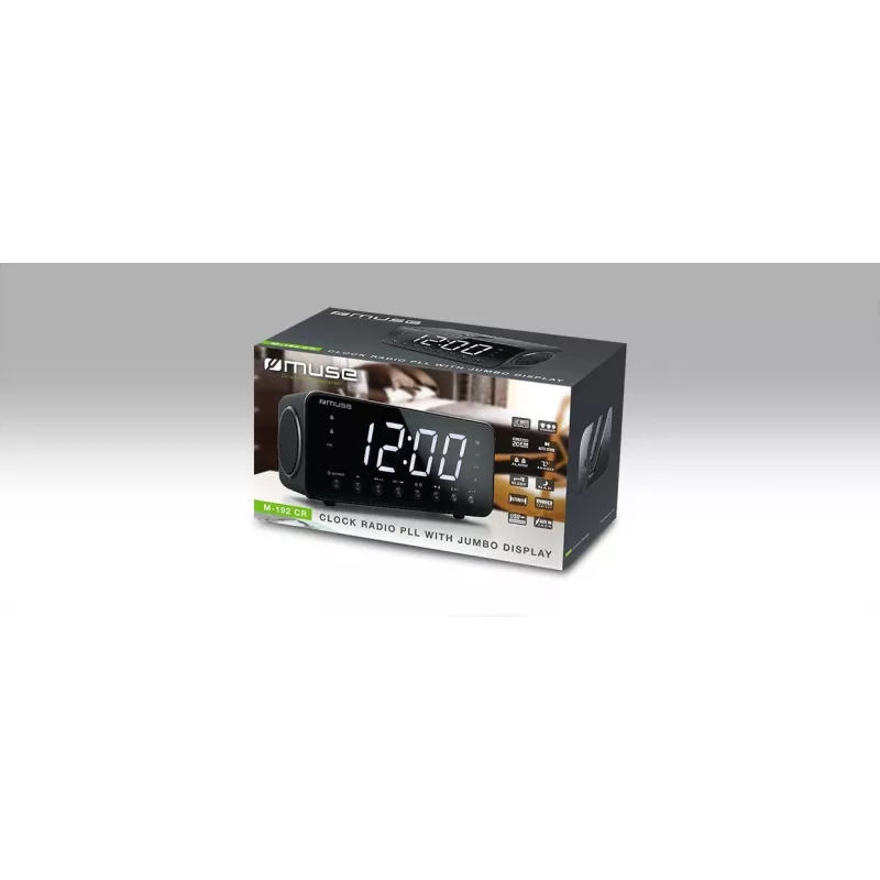 Radijo laikrodis Muse M-192 CR — skaitmeninis laikrodis, FM imtuvas, 1,8 colio LED ekranas, juoda mediena, AC 100–240V, AAA atsarginė