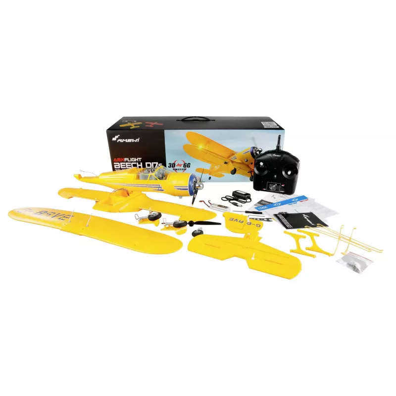 RC lėktuvas Amewi AMXFlight Beech D17s 3D/6G RTF — geltonas, paruoštas skrydžiui modelis