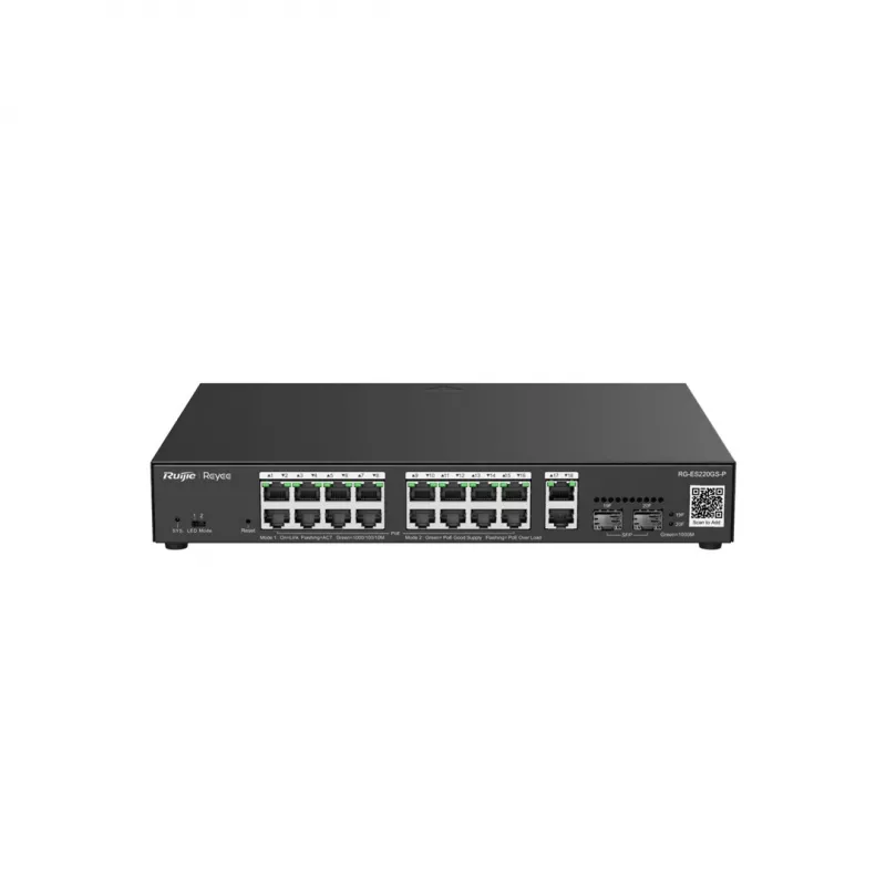 Valdomas L2 Gigabit PoE komutatorius Ruijie RG-ES220GS-P — 18× Gigabit (10/100/1000), IEEE 802.3af/at, 40 Gbit/s, juodas