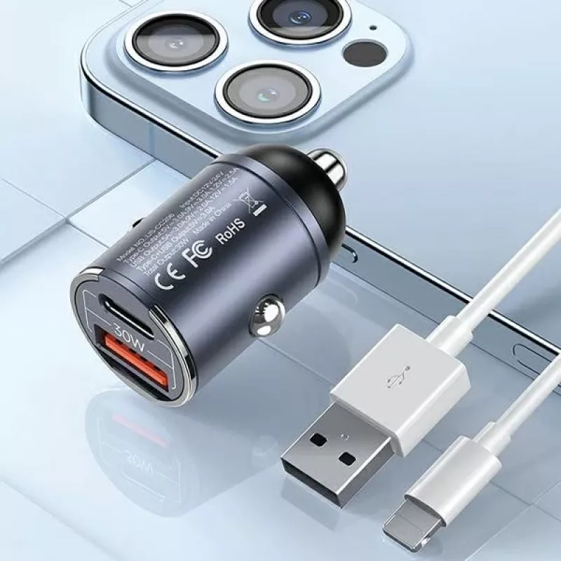 Automobilinis kroviklis usams C38 30W — 1x USB-A + 1x USB-C greitas įkrovimas