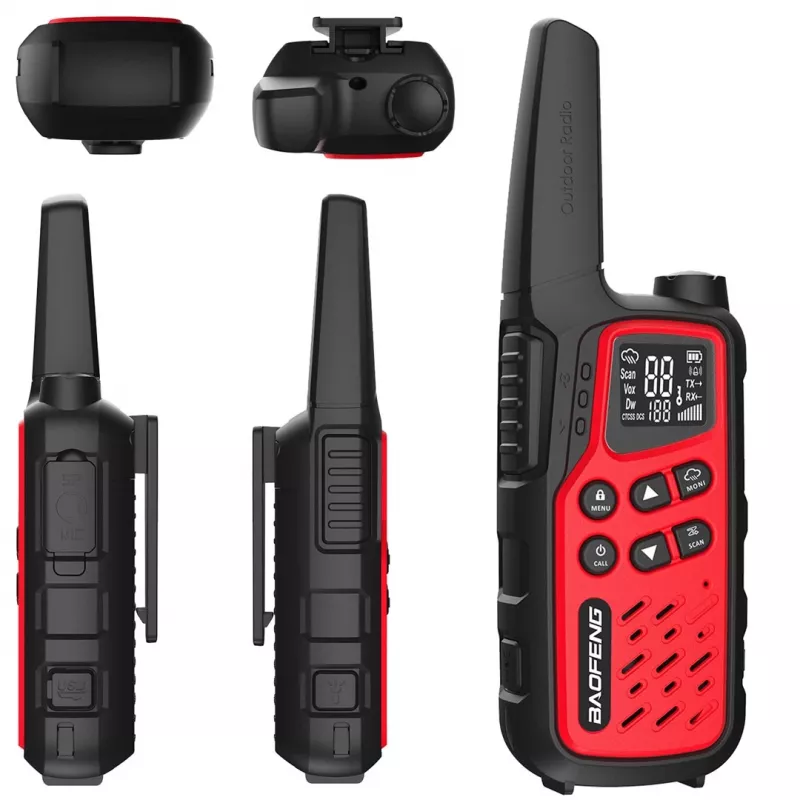 Nešiojamas racija Baofeng BF-T25E — 16 kanalų, 0,5 W, Li-Ion 1400 mAh, 2 vnt. rinkinys (raudona)