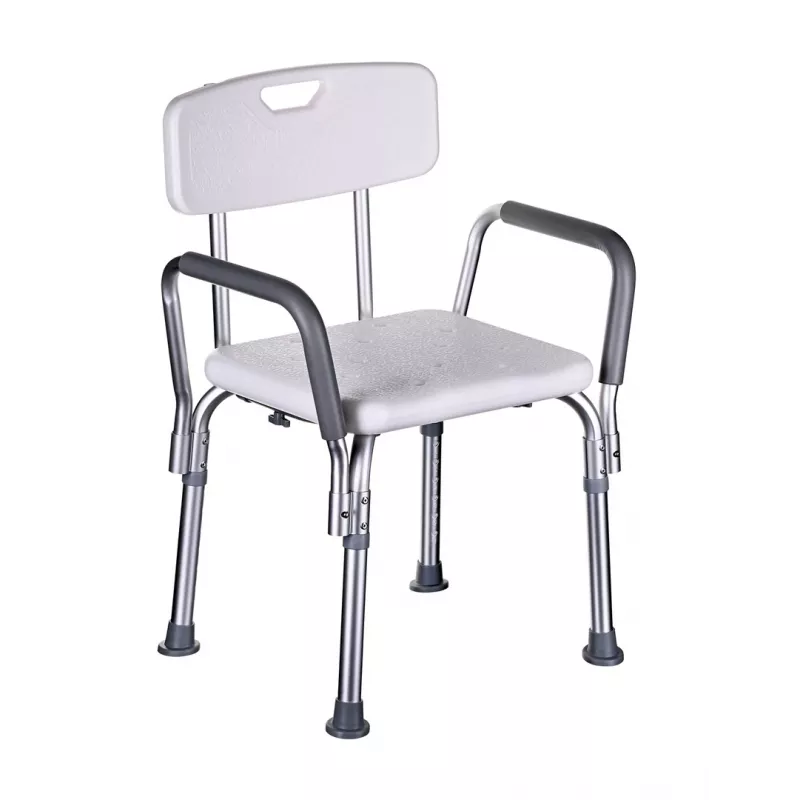 Dušo kėdė ActionMed KP300AM su atlošu ir porankiais, polipropilenas, reguliuojamas aukštis 43–56 cm, sėdynė 40×33 cm, maks. naudotojo svoris 110 kg