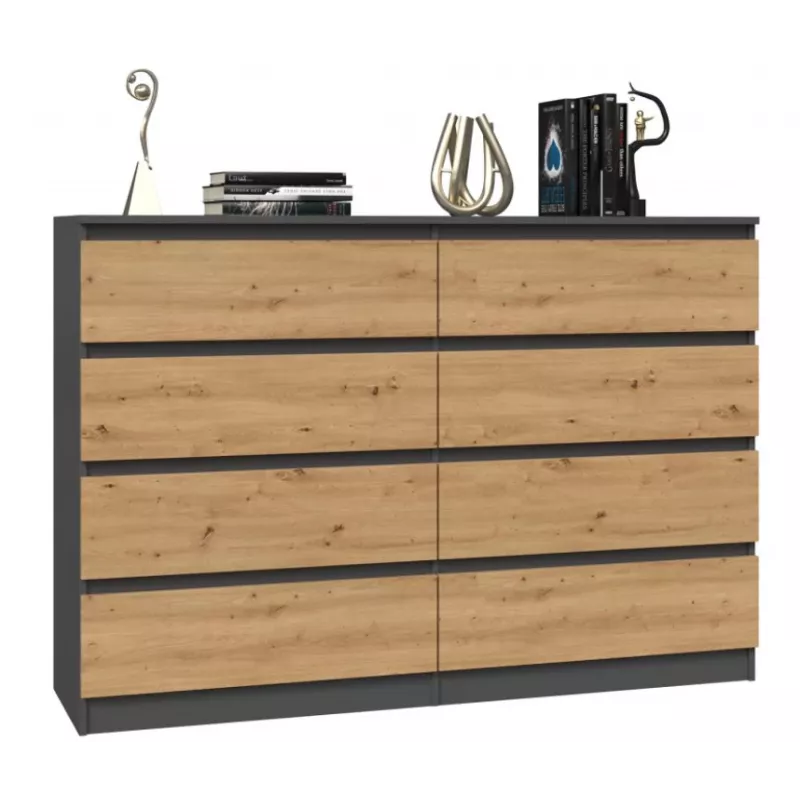 Komoda top e shop M8 140 ANT/ART — 8 stalčiai, antracito/ąžuolo, 1380×400×970 mm, medžio drožlių plokštė