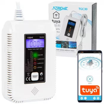 Anglies monoksido ir dujų detektorius BLOW TGC30 WiFi Tuya — LCD, 85 dB, laidinis, montuojamas ant paviršiaus, baltas