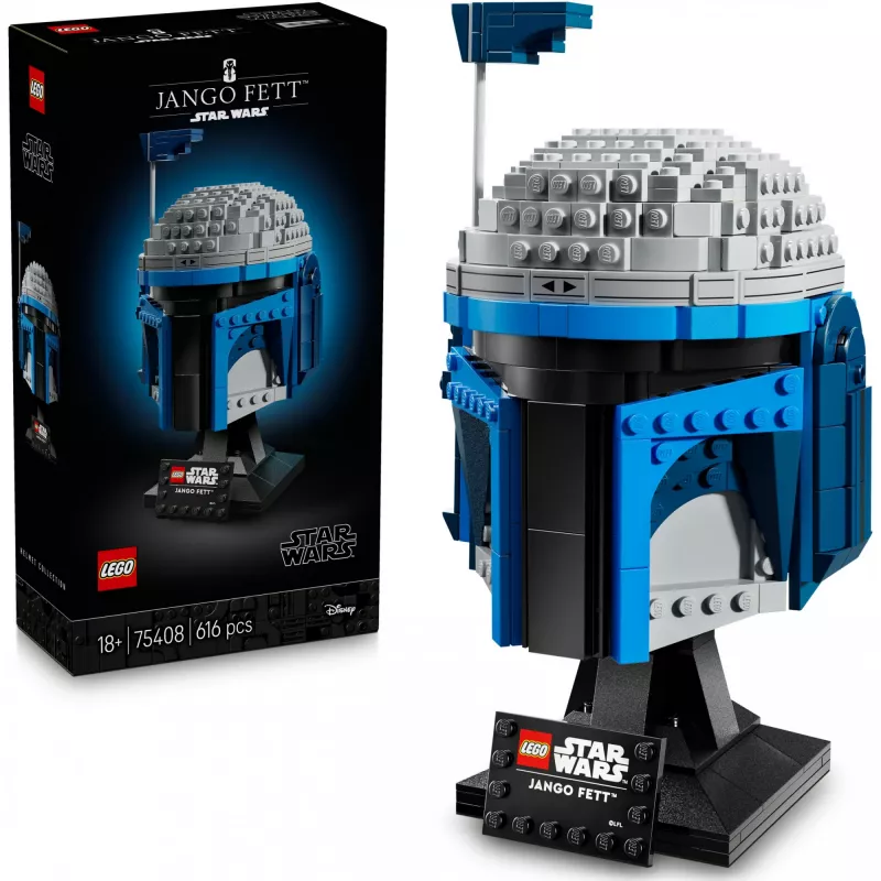 Kolekcinis LEGO Star Wars šalmo aksesuaras Jango Fett 75408 — 616 dalių, 210×120×110 mm demonstracinis modelis