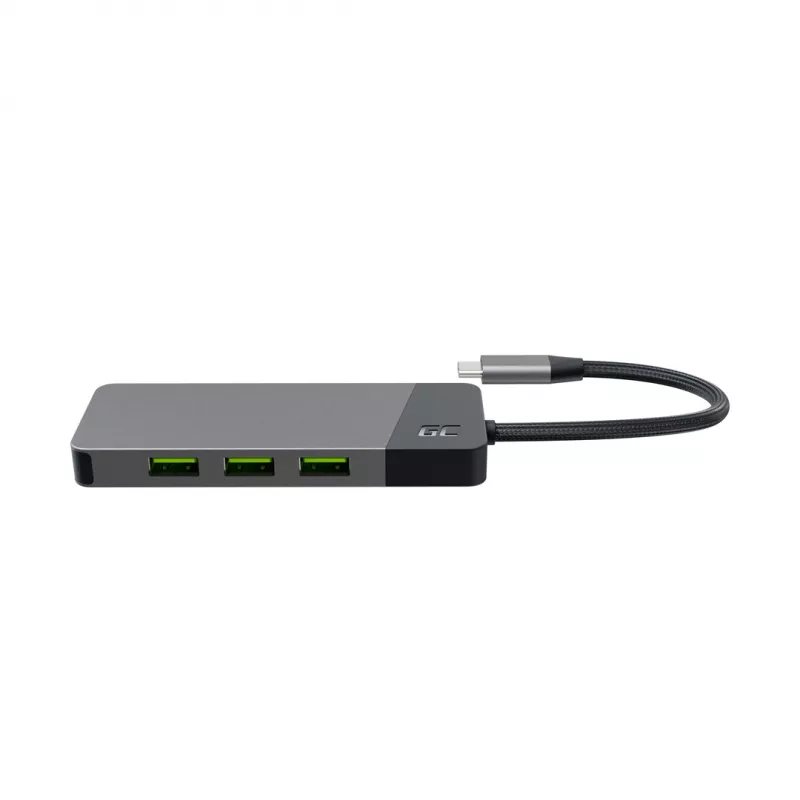 USB Type‑C šakotuvas Green Cell HUBGC01 — 7 prievadai: 3×USB‑A 3.2 Gen 1, 1×USB‑C 3.2 Gen 1, HDMI, microSD+SD kortelių skaitytuvas — sidabrinis