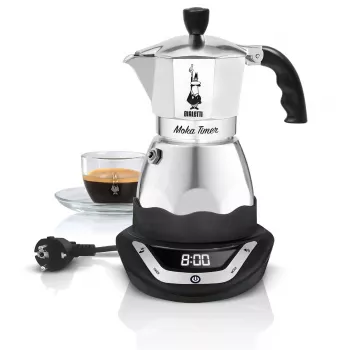 Elektrinis moka puodas BIALETTI 3 puodeliams Moka Timer, programuojamas LED ekranas, aliuminio korpusas, ąsotėlio rezervuaras