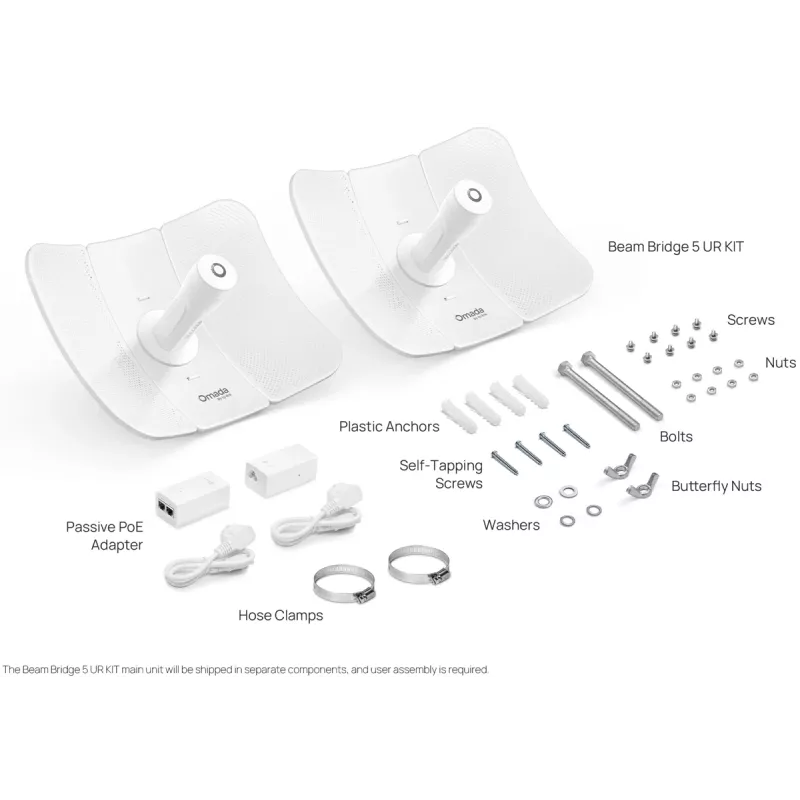 Tinklo tiltas TP-LINK Beam Bridge 5 UR KIT, 5 GHz vienos juostos, Wi‑Fi 5 (802.11ac), Gigabit Ethernet, išorinė antena, maks. atstumas 15000 m, balta