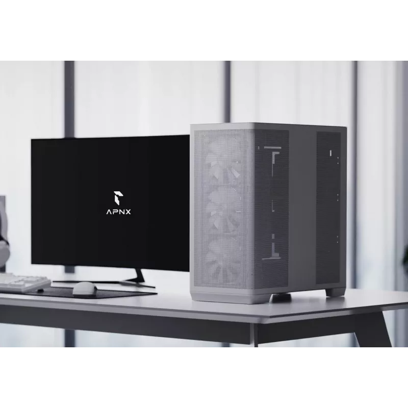 APNX PC Midi Tower C1-R-WT-v1 — Balta, palaiko ATX/Micro-ATX/Mini-ITX, sumontuoti 3x120 mm priekiniai ventiliatoriai, 3x3,5 colio + 3x2,5 colio lizdai, USB 3.2 Gen1 x2