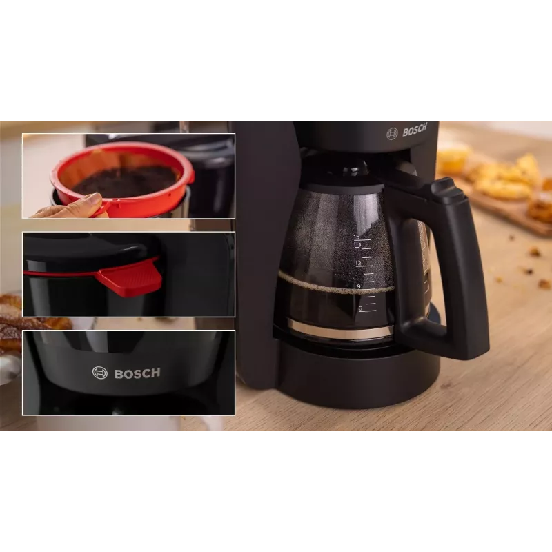 Drip coffee maker Bosch TKA2M113, 1.25 L vandens talpa, 15 puodelių, juoda