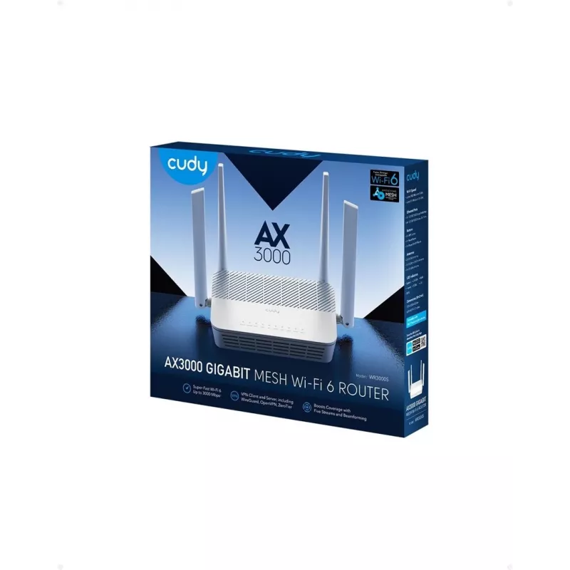 Belaidis maršrutizatorius Cudy AX3000 (Wi‑Fi 6 dviejų juostų 2,4/5 GHz, Gigabit Ethernet, 4x LAN, 2402+574 Mbps)