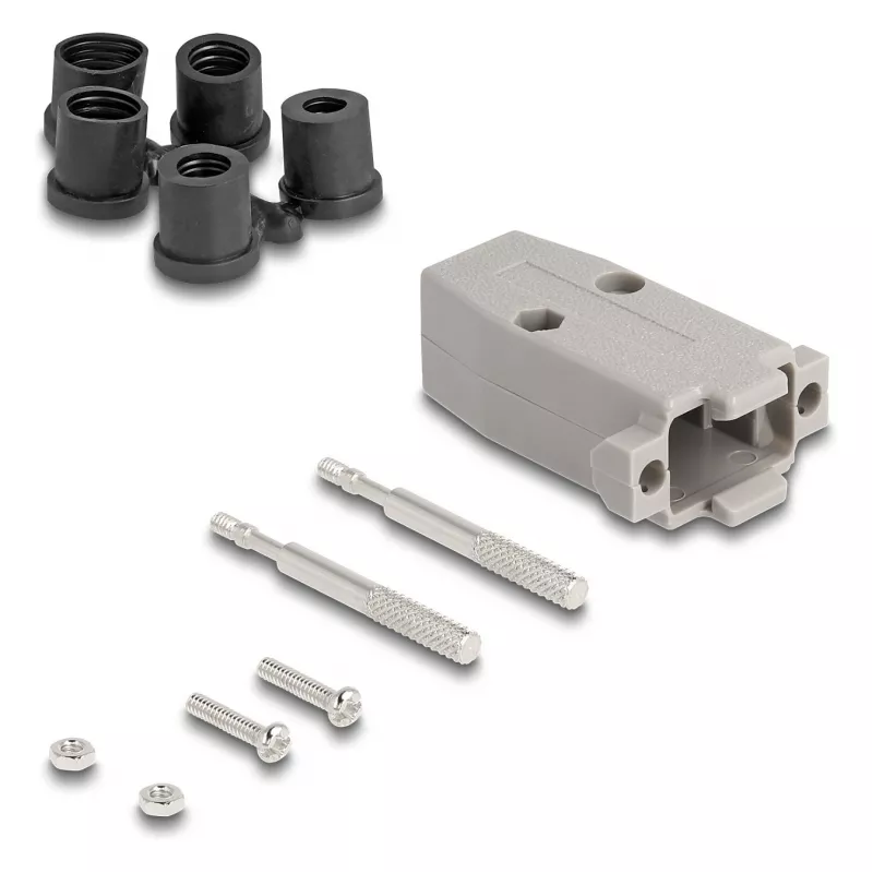 Kabelio apvalkalas DELOCK D-Sub plastikinis korpusas 9 kontaktų kištukui/lizdui su guminiais tarpikliais, pilkas, 31,2×47,9×16,6 mm