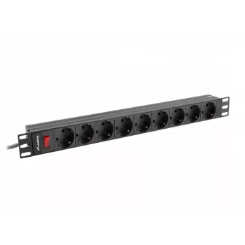 LANBERG PDU-09F-0300-BK maitinimo skirstytuvas — 9x Type F lizdai, 3 m kabelis, aliuminis korpusas, 10 A