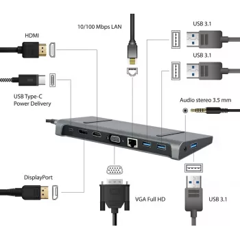 Nešiojamojo kompiuterio dokas Gembird A-CM-COMBO9-02 USB 3.2 Gen 1 Type-C, HDMI, VGA, 3×USB-A, Gigabit Ethernet, 87W PD, Pilka