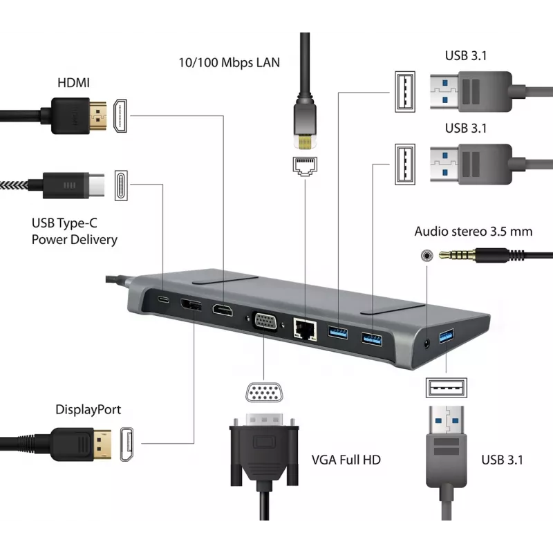 Nešiojamojo kompiuterio dokas Gembird A-CM-COMBO9-02 USB 3.2 Gen 1 Type-C, HDMI, VGA, 3×USB-A, Gigabit Ethernet, 87W PD, Pilka